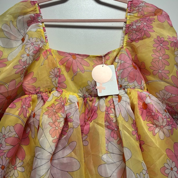 💫NWT💫Selkie French Puff Midi Dress Goldie Yellow Pink Daisy Floral Print L - Picture 4 of 11